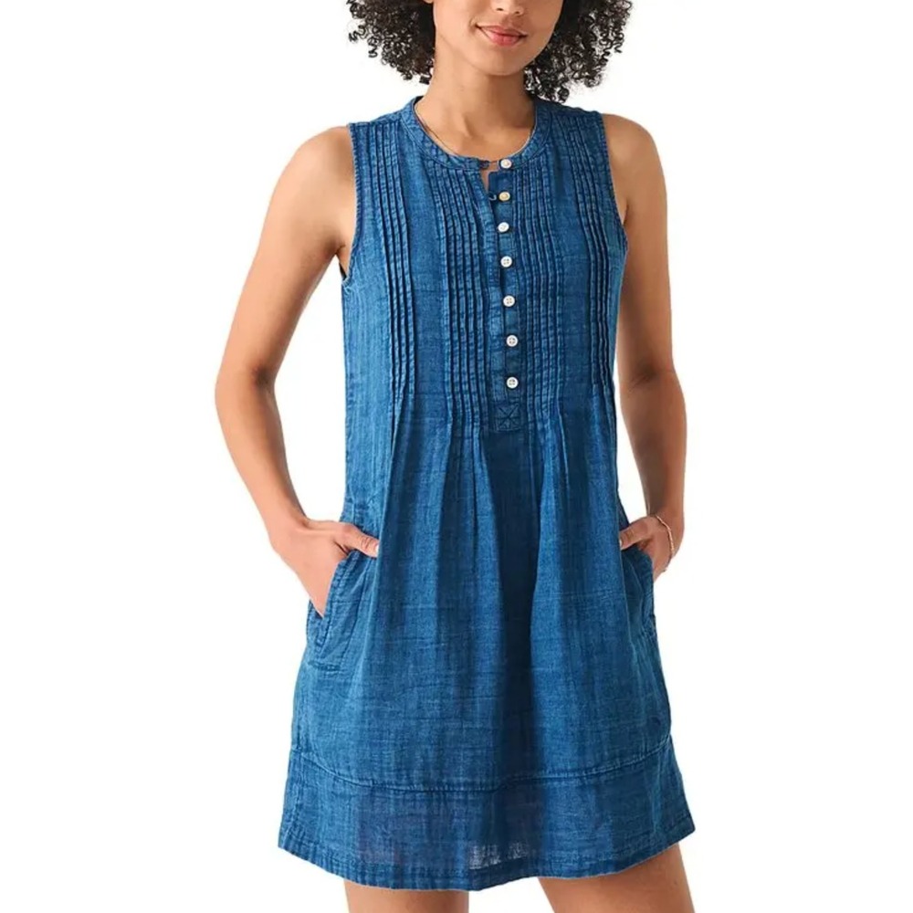 Faherty Isha Linen Mini Dress Indigo Blue A-Line Pintuck Pleats Womens Size S